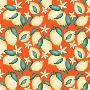 Lemons with leaves and flowers  - Orange background