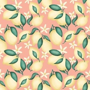 Lemons with leaves and flowers  - Pink salmon background