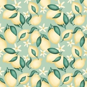 Lemons with leaves and flowers  - Sage Green background