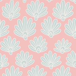 Large baby blue white outlined clam shells on pink 24