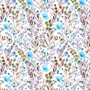 Isabel's Meadow - Blue/Lavender/Moss on White Wallpaper