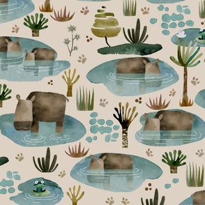 savannah - Hippopotamus in the pond beige L