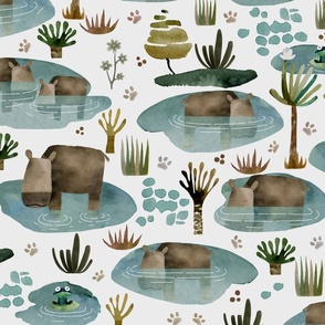 savannah - Hippopotamus in the pond white L