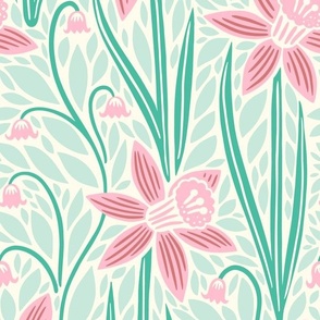 Narcissus Floral | Extra Large Scale | Pink and Aqua Daffodils