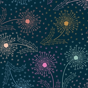  Magical Colorful Glowing Dandelions on a navy blue background – medium scale