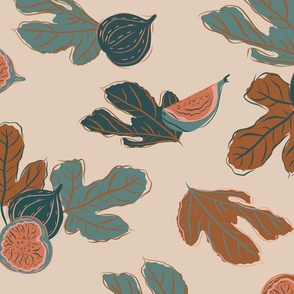 Figgy Fall LARGE - chestnut brown figs teal + gold leaves on light peach