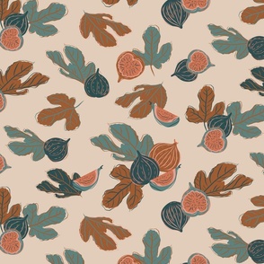 Figgy Fall MED - chestnut brown figs teal + gold leaves on light peach