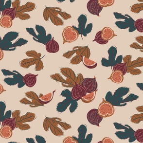 Figgy Fall MED - plum wine figs teal + gold leaves on light peach