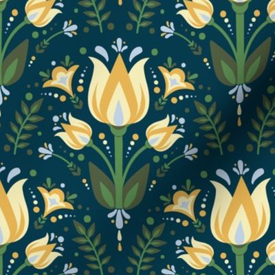 Yellow Tulips on Prussian Blue bg - Meadow Flowers collection - Magical Meadow