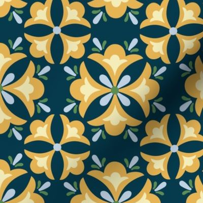 Stylized Yellow Flowers on Prussian Blue bg - Meadow Flowers collection - Magical Meadow