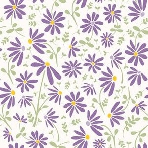 Hero print of darker purple daisies on off-white background
