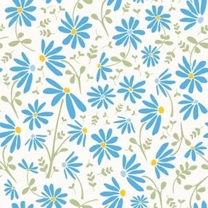 Hero print of medium blue daisies on off-white background
