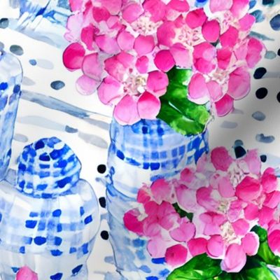 Gingham, polka dots , flowers and chinoiserie jars watercolor
