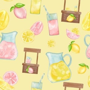 Medium Watercolor Pink and Yellow Lemonade Stands On Yellow