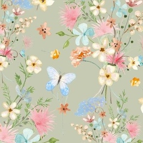 Floral Wildflowers Watercolor Fall Sage Green Pink Blue Butterfly Bee LG 12"