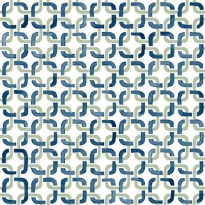 Watercolor blue rounded Squares intertwine Celadon Green on White medium scale