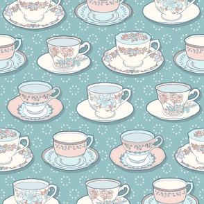 Teacups, blue, teal, white and pink