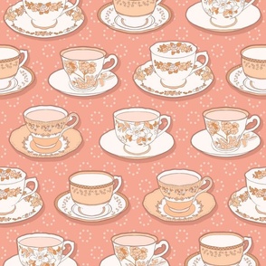 Teacups, coral, white and pink
