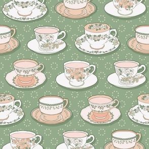 Teacups, green, sage and pink