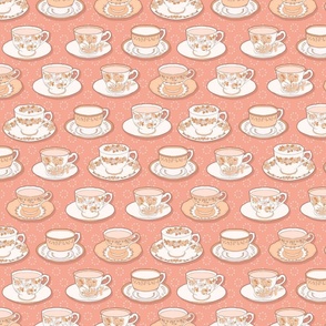 Teacups, coral and white, sml