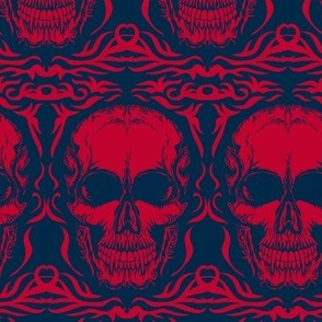 Goth vampire skull in red and navy blue. Large scale