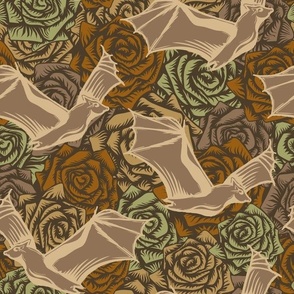 Bats and roses in vintage brown and green. Large scale
