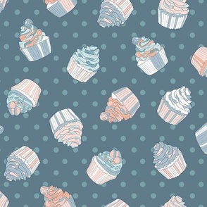 Cupcakes, teal and blue, coral, polka dots