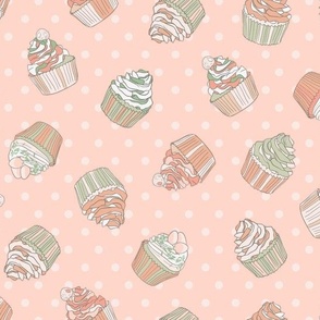 Cupcakes, green and pink, white polka dots