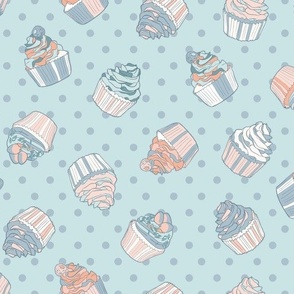 Cupcakes, light blue, polka dots