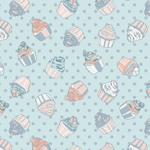 Cupcakes, light blue, polka dots, sml