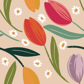 Tulips & Chamomile, Hand Drawn Tulips, Tulip Decor, Tulip Fabric, Spring Decor, Spring Fabric, Floral Decor, Floral Fabric, Rainbow Floral