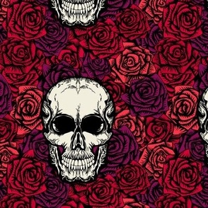 Vampire skull on red and purple roses. Small scale