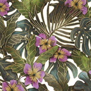 WARM TROPICAL LEAVES WITH MAUVE HIBISCUS FLOWERS 24