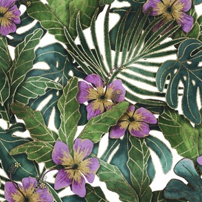 MOODY TROPICAL LEAVES WITH MAUVE HIBISCUS FLOWERS 24