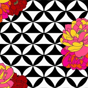 Bold floral on black and white lattice