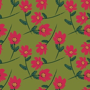 Pink Floral, Hand Drawn Flowers, Pink and Green, Raspberry Pink Decor, Floral Wallpaper, Flower Fabric, Spring Decor, Spring Fabric, Summer Decor, Summer Fabric