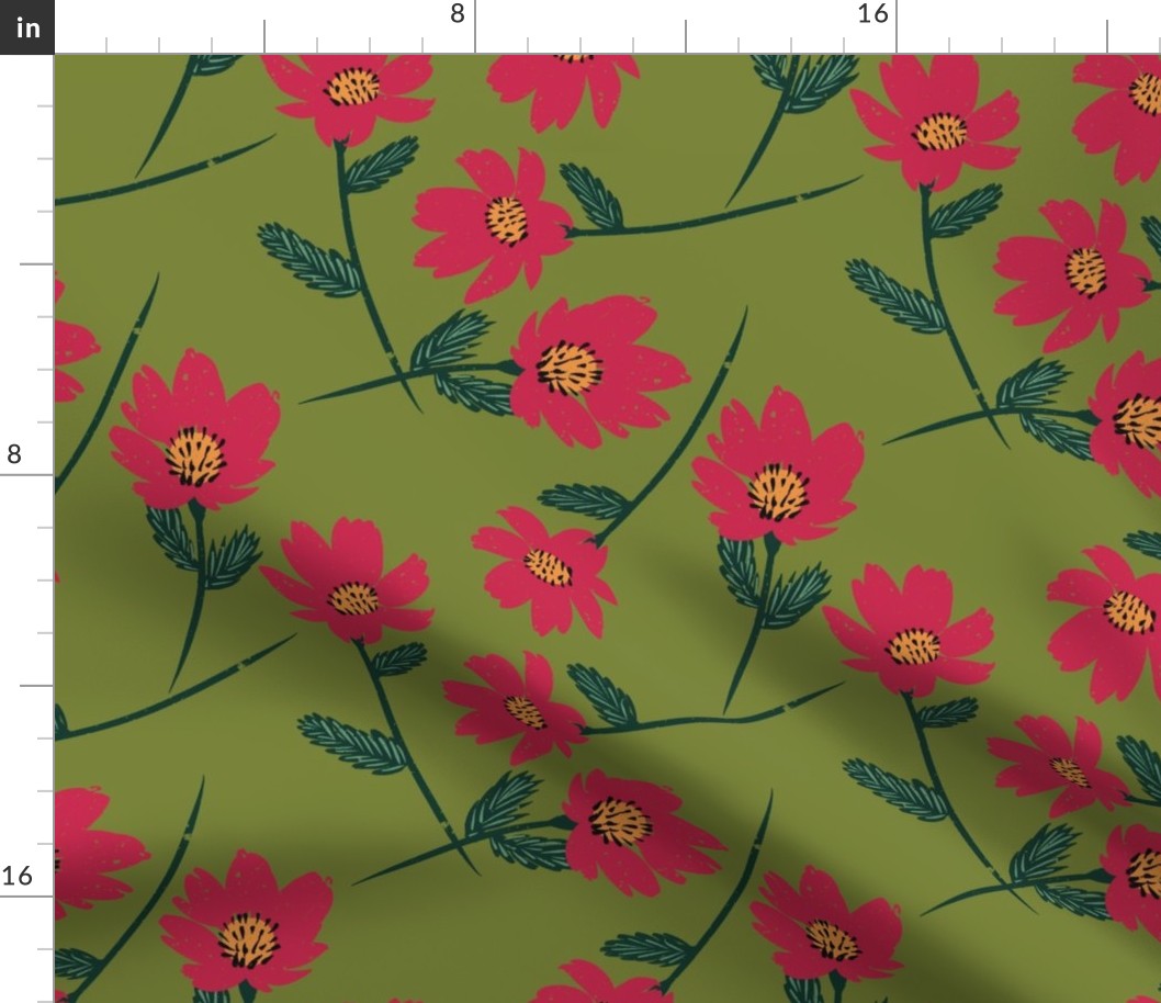 Pink Floral, Hand Drawn Flowers, Pink and Green, Raspberry Pink Decor, Floral Wallpaper, Flower Fabric, Spring Decor, Spring Fabric, Summer Decor, Summer Fabric