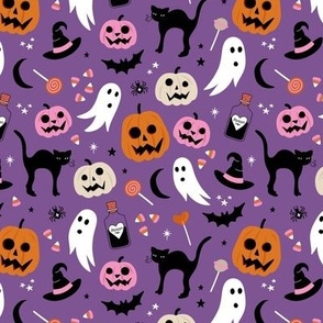 Halloween scares - spooky night icons cats ghosts poison bats skulls and candy corn jack o lantern pumpkins orange pink on purple