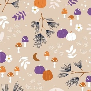 Halloween garden - pumpkins toadstools branches  flowers and leaves purple orange on sand