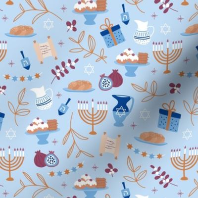 Jewish food and traditional illustrations menorah Hanukkah baked latkes and leaves on light blue 
