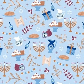 Jewish food and traditional illustrations menorah Hanukkah baked latkes and leaves on light blue 