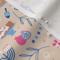 Jewish food and traditional illustrations menorah Hanukkah baked latkes and leaves pink blue on beige tan