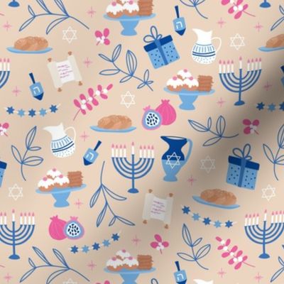 Jewish food and traditional illustrations menorah Hanukkah baked latkes and leaves pink blue on beige tan
