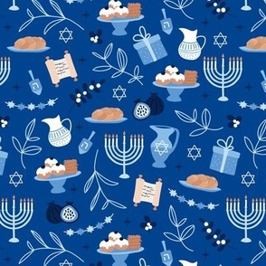Jewish food and traditional illustrations menorah Hanukkah baked latkes and leaves on eclectic blue 