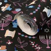 Jewish food and traditional illustrations menorah Hanukkah baked latkes and leaves on black 