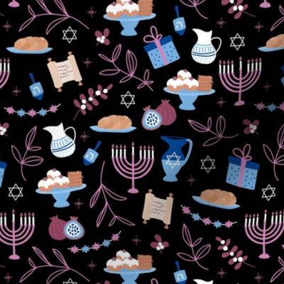 Jewish food and traditional illustrations menorah Hanukkah baked latkes and leaves on black 