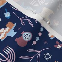 Jewish food and traditional illustrations menorah Hanukkah baked latkes and leaves pink blue on navy 