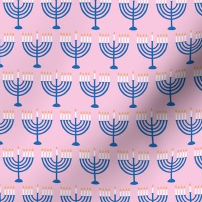 Happy Hanukkah - jewish iconic nine-branched candelabrum menorah candles abstract rainbow vibes blue on pink