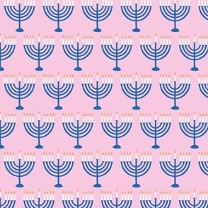 Happy Hanukkah - jewish iconic nine-branched candelabrum menorah candles abstract rainbow vibes blue on pink