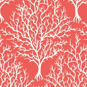 Coral reef damask wallpaper in tropical coral red and ivory white, Large